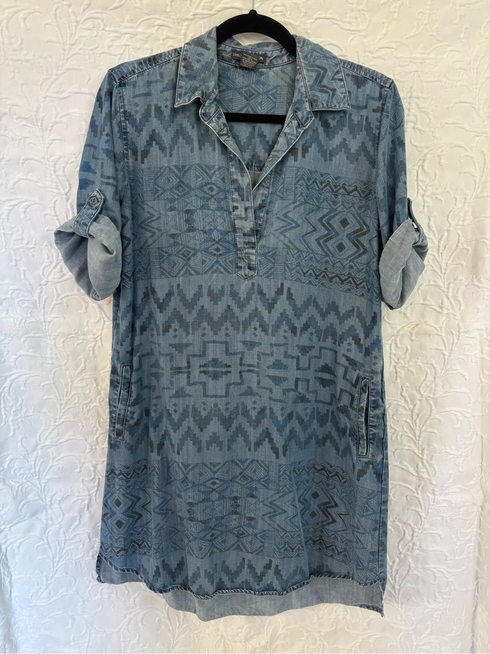 Chelsea & Theodore Light Blue Denim Aztec-Print Midi Shirt Dress